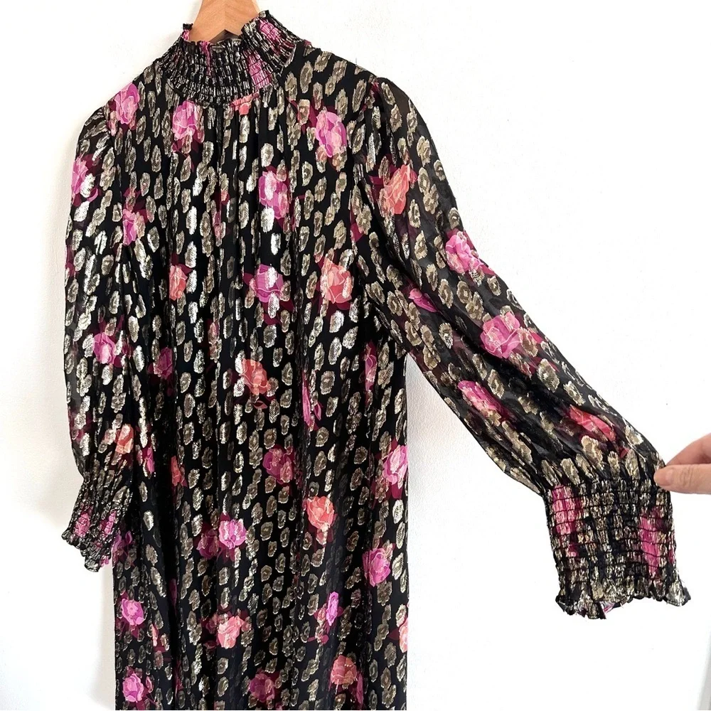 Kate Spade Rose Garden Clip metallic Floral Black long sleeve shimmer Dress
